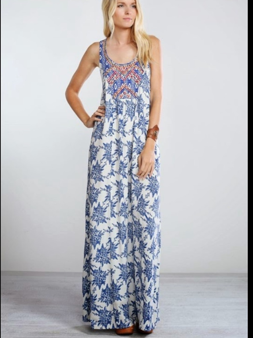 Tinley Road Bria Maxi Dress with Blue Botanical Print and Embroidered Yoke